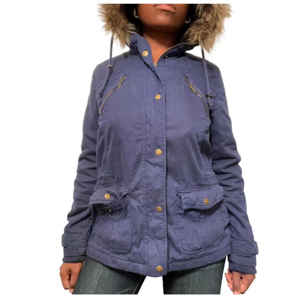 Mossimo Blue Parka Jacket With Fur, Medium